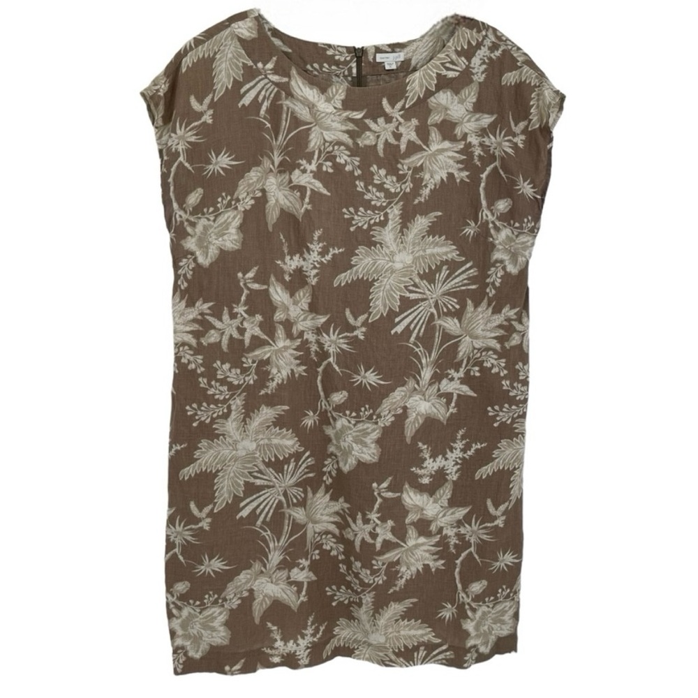 J Jill Love linen dress floral w/ cap sleeves, tan and white.